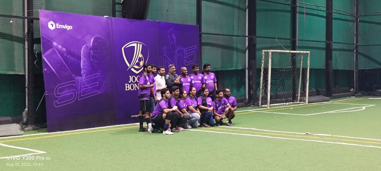 Branded corporate sports league backdrop and team by Red Q Events
